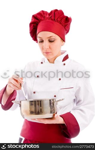 photo of female chef with pot who is tasting her food