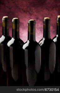 photo of five wine bottles in front of violet background