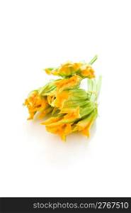 photo of fresh bunch of zucchini flowers on white background