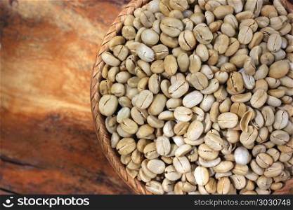 photo of fresh coffee beans in wicker basket. fresh coffee beans in wicker basket
