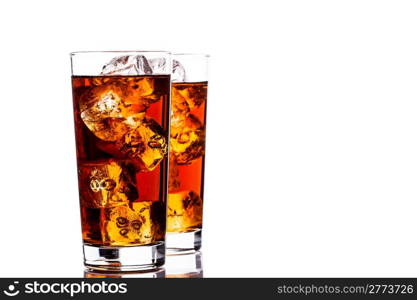 photo of ice tea with ice cubes on white background