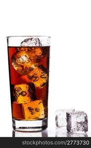 photo of ice tea with ice cubes on white background