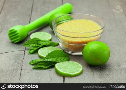 Photo of ingredients for mojito cocktail over wooden table