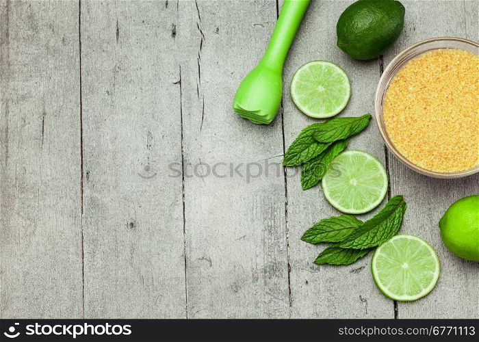 Photo of ingredients for mojito cocktail over wooden table