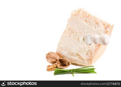 photo of italian parmesan cheese with walnut on white background