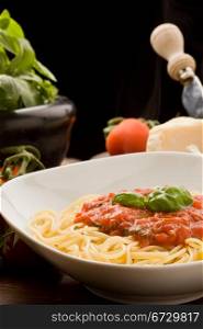 photo of italian spaghetti with tomatoe sauce and their ingredients arround