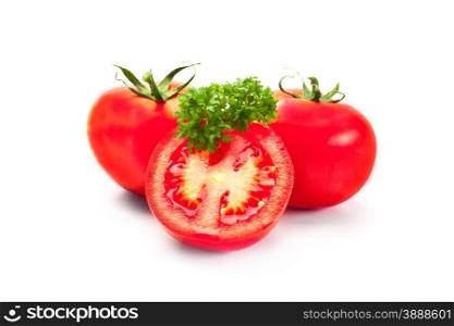 Photo of juicy tomatoes over white isolated background
