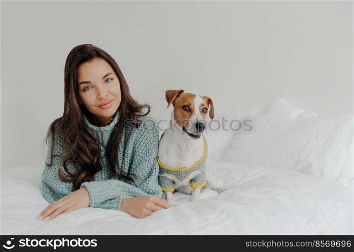 Photo of lovely dark haired woman dresses her dog for cold weather, going to have outdoor walk, lie together at comfortable bed against white background, enjoys relaxation time. Animal care.