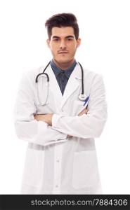 Photo of male doctor standing with crossed hands over white isolated background