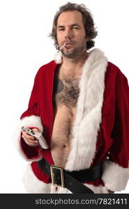 Photo of middle-aged adult man dressed in Santa clothes, smoking and holding alcohol flask.