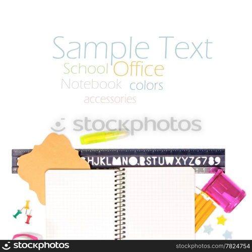 Photo of office and student gear over white background - Back to school concept