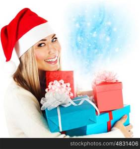 Photo of pretty Santa Claus woman, wearing red hat, holding many present boxes, beautiful girl received Christmas gifts, happy young lady isolated on white background, winter holidays celebration