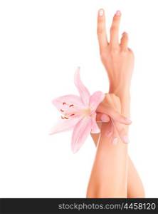 Photo of pure women&rsquo;s hands holding pink lily flowers isolated on white background, body care, day spa, luxury beauty salon, spring season, herbal arms cream, beautiful manicure, health treatment