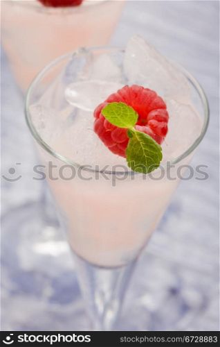 photo of raspberry liqueur with mint leaf on it