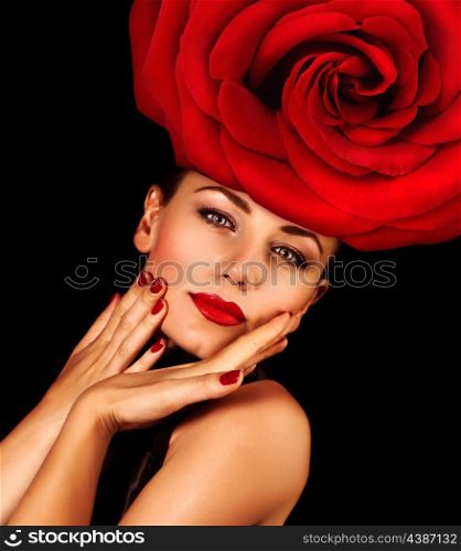 Photo of sensual woman with fashionable hairstyle isolated on black background, luxury beauty salon, girl wearing floral hat with red rose, perfect makeup, Valentine day, passion and seduction concept