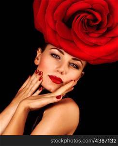 Photo of sensual woman with fashionable hairstyle isolated on black background, luxury beauty salon, girl wearing floral hat with red rose, perfect makeup, Valentine day, passion and seduction concept