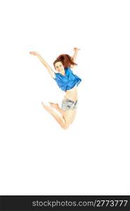 photo of sexy brunette jumping on white background