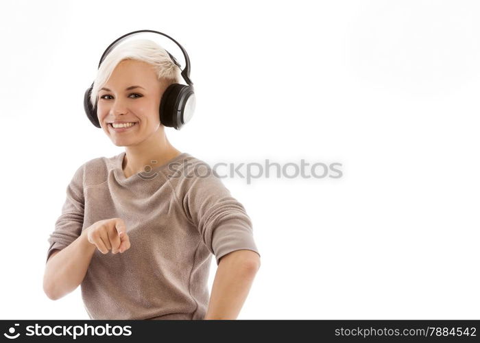 Photo of smiling caucasian woman with headphones over white isolated background