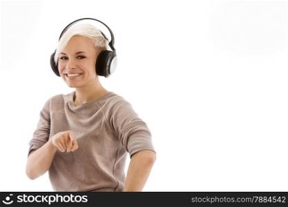 Photo of smiling caucasian woman with headphones over white isolated background