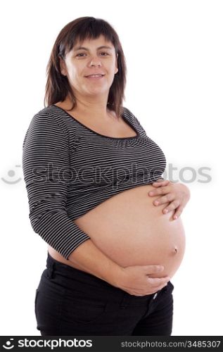 Photo of smiling pregnant woman on a white background