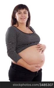 Photo of smiling pregnant woman on a white background