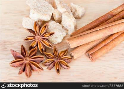 Photo of still life with anise, sugar and cinnamon