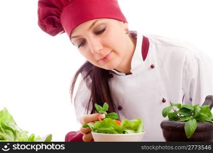 photo of succesfull female restaurant chef on white background