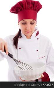 photo of succesfull female restaurant chef with bowl and whip