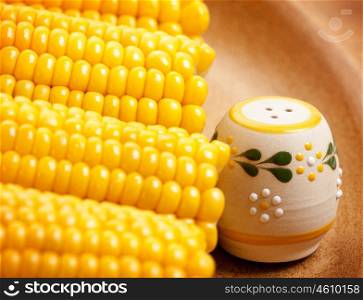 Photo of sweetcorn with beautiful saltshaker on the plate, food still life, vegeterian dish, hot boiled corn, ripe yellow maize, healthy eating concept, grain harvest season, organic meal in cafe