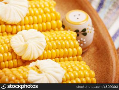 Photo of tasty boiled corncob with salt and butter on the plate, healthy breakfast, yellow prepared sweetcorn on the table in kitchen, organic nutrition, delicious vegetable, grain snack