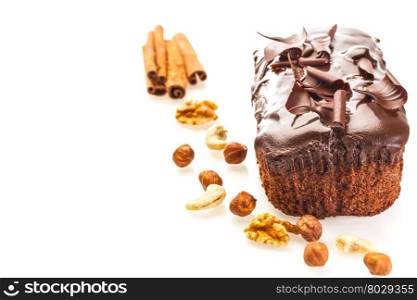 Photo of tasty chocolate cake over whize isolated background