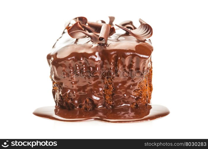 Photo of tasty chocolate cake over whize isolated background