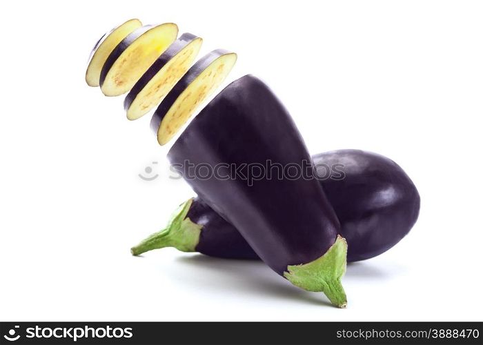 Photo of tasty fresh eggplants over white isolated background