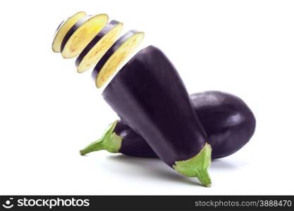 Photo of tasty fresh eggplants over white isolated background