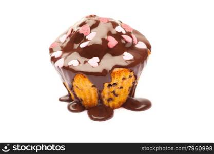 Photo of tasty muffin with chokolate over white isolated background