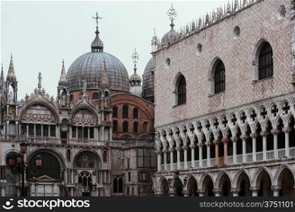 Photo of the architecture in Piazza San Marco in Venice Italy on a dreary day.