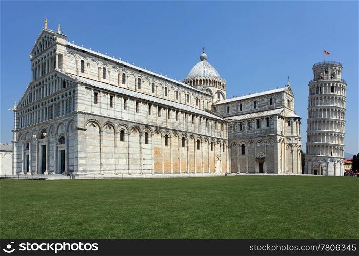 Photo of the Leaning Tower of Pisa in Pisa, Italy. No tourists are visible.