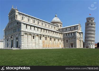 Photo of the Leaning Tower of Pisa in Pisa, Italy. No tourists are visible.