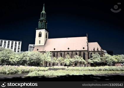 photo of the Marienkirche in Berlin taken with an infrared filter