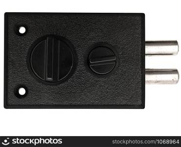 Photo Of The Metal Black Lock Against The White Background. Lock