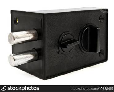 Photo Of The Metal Black Lock Against The White Background. Lock