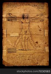 Photo of the Vitruvian Man by Leonardo Da Vinci from 1492 on textured background.