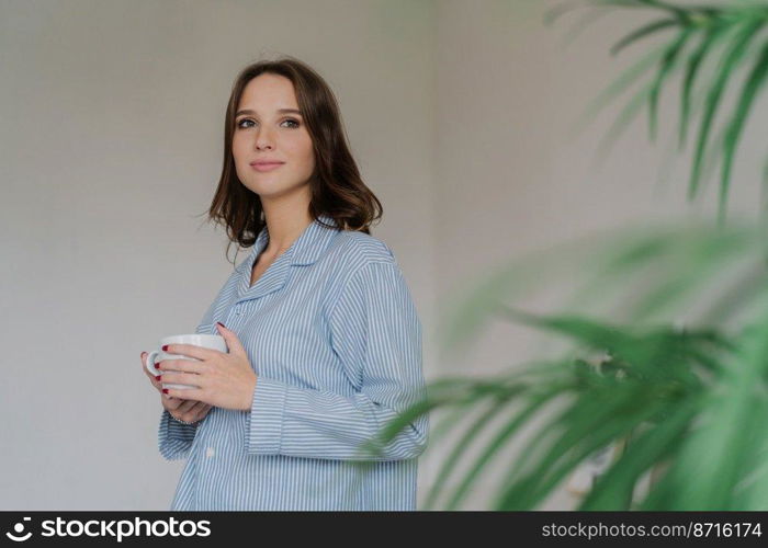 Photo of thoughtful young woman with dark hair, appealing appearance, warms with hot beverage, dressed in domestic costume, poses indoor near green plant, blank space for your advertisement.