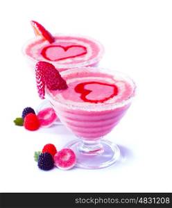 Photo of two fruity ice cream isolated on white background, raspberry coctail, alcoholic beverage, frozen yougurt, tasty pink smoothie, Valentine day, romantic dessert, love and romance concept