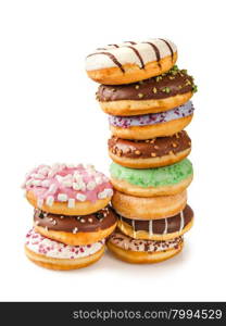 Photo of two stacks of donuts over white background. Shadow visible underneath.