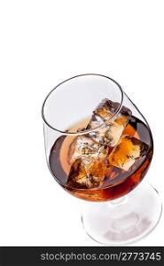 photo of whiskey cognac with ice cubes on white background
