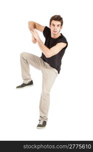 photo of young adult breakdancer with black t-shirt on white background