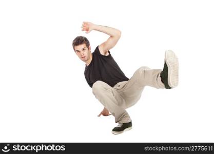 photo of young adult breakdancer with black t-shirt on white background