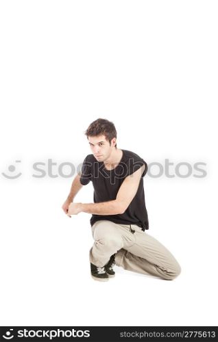 photo of young adult breakdancer with black t-shirt on white background