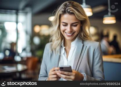 Photo of Young happy busy business woman executive using laptop mobile cell phone tech at office. Professional businesswoman holding smartphone, working on cellphone. Generative ai.